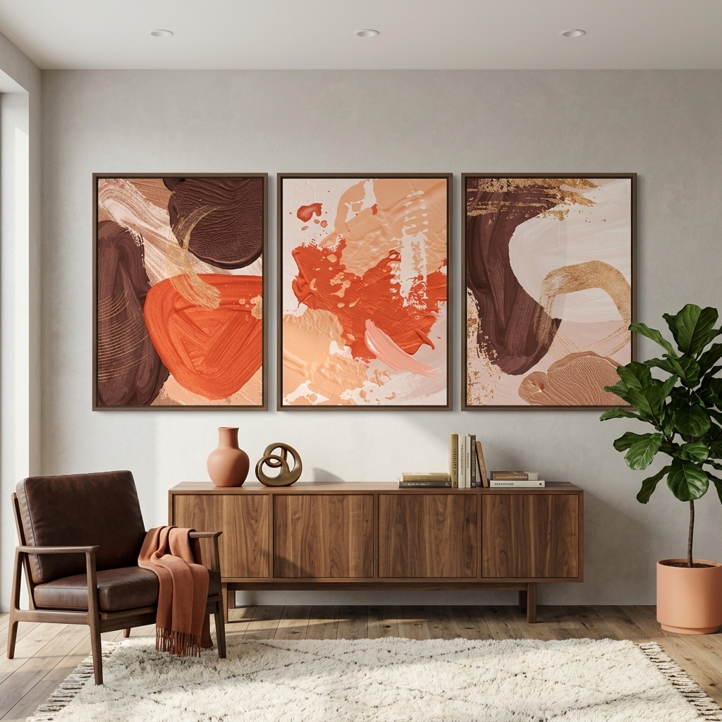 Modularer abstrakter Kunstdruck auf mehrteiliger Leinwand in Beige- und Orangetönen