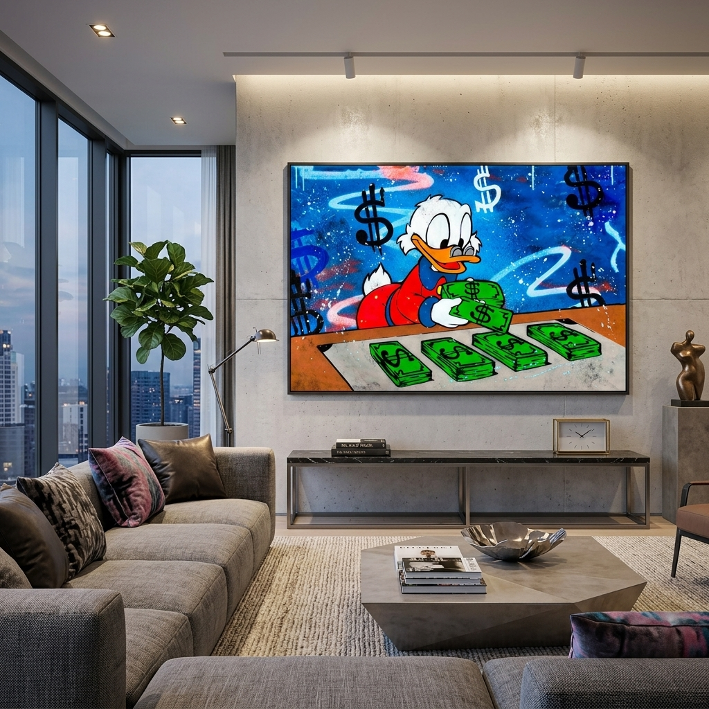 Inspirierender Kunstdruck auf Leinwand, Motiv „Scrooge zählt Dollar“,