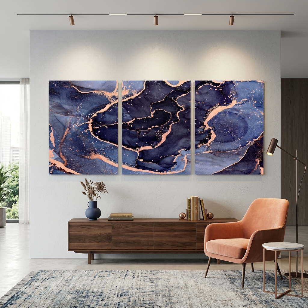 Modularer abstrakter Kunstdruck auf mehrteiliger Leinwand in Blau- und Lilatönen