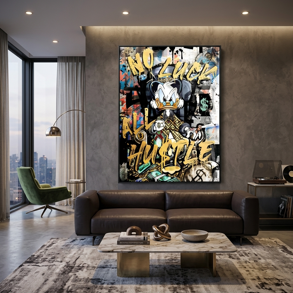 Scrooge mit gelbem Schriftzug, inspirierender Kunstdruck auf Leinwand