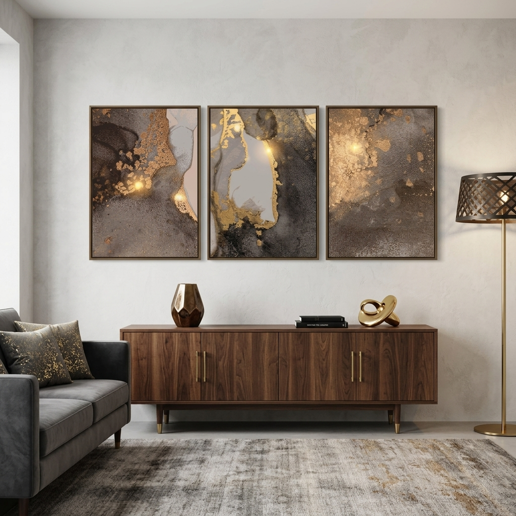 Modularer abstrakter Kunstdruck auf Leinwand, mehrere Teile, grau-gold
