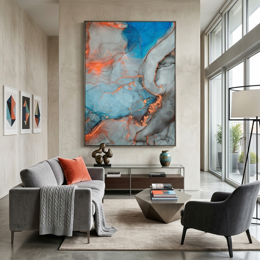Orange-grau mit blauen Elementen Abstraktion Leinwand Wand Kunstdruck