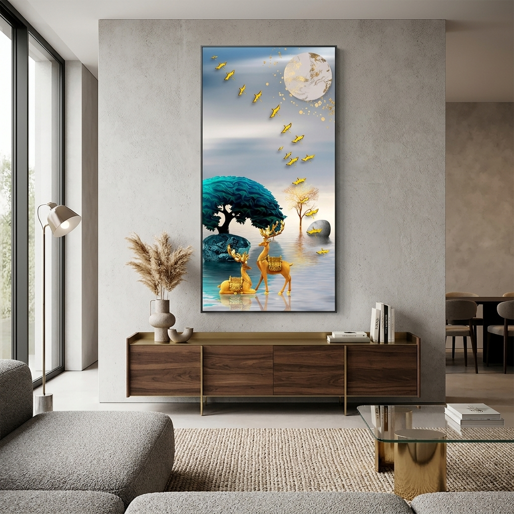 Zwei goldene Hirsche in einem Fluss mit einem blaugrünen Baum Abstrakter Leinwand-Kunstdruck