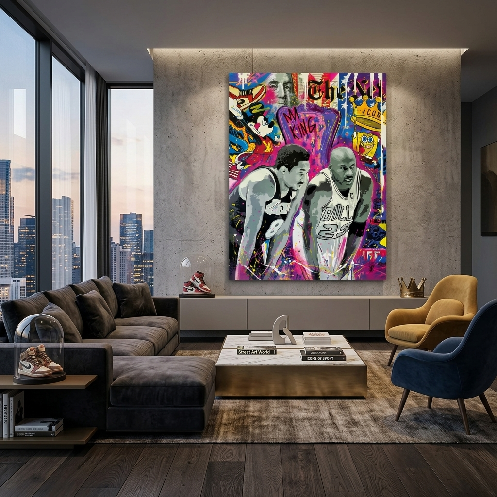 Graffiti-Kunstdruck auf Leinwand mit den Basketballspielern Michael Jordan und Kobe Bryant