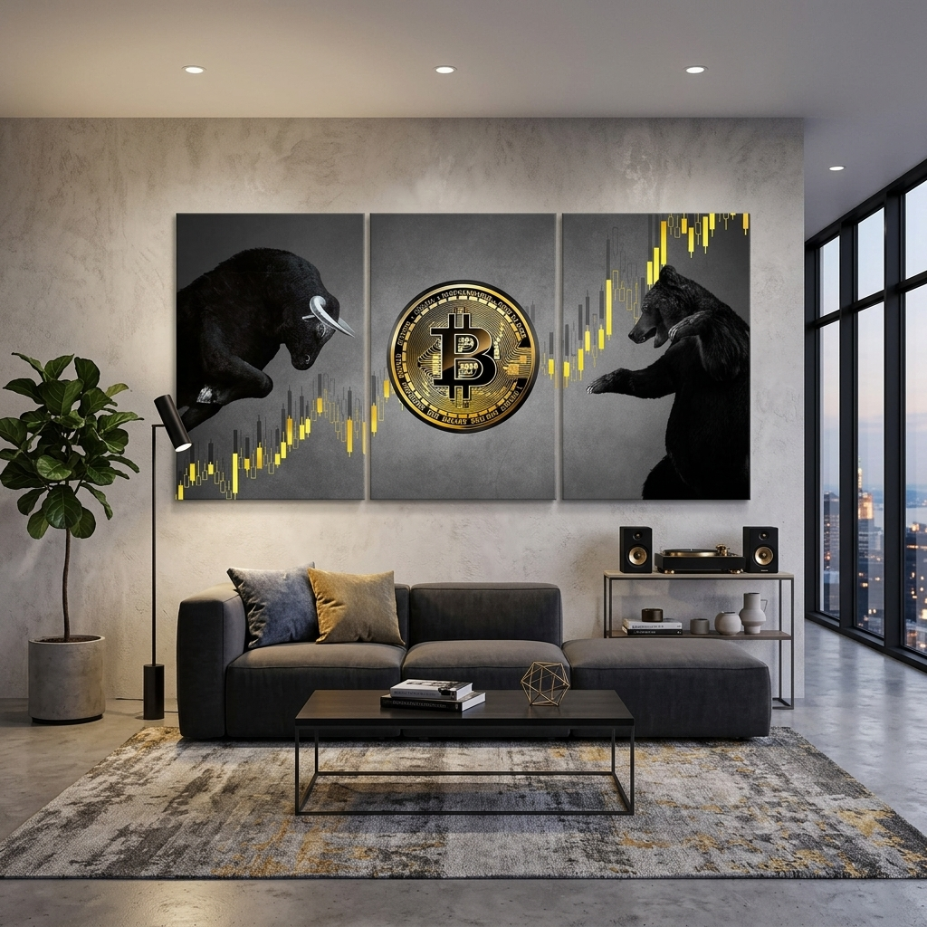 Bitcoin Bulle und Bär auf grauem Hintergrund Inspirierender Leinwand-Kunstdruck