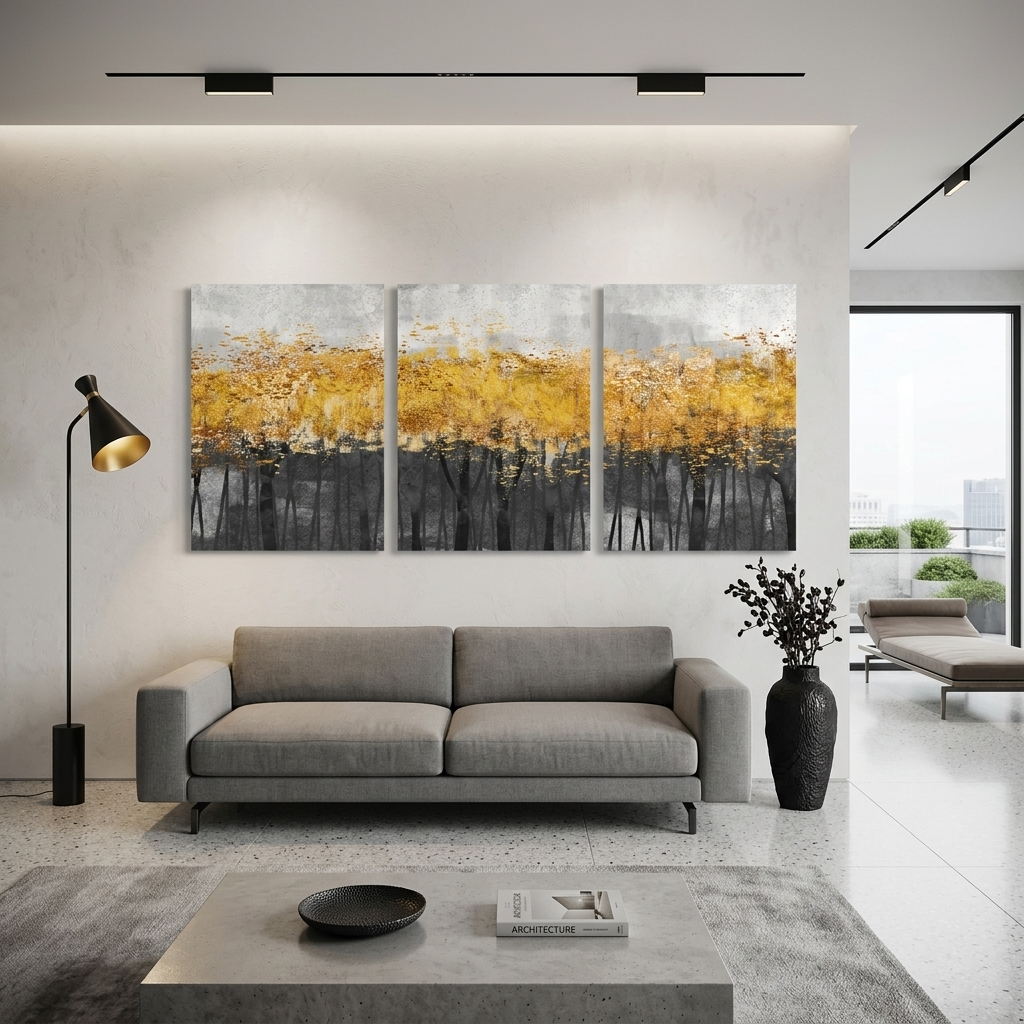 Modularer abstrakter Kunstdruck auf Leinwand, mehrere Teile, grau-gold
