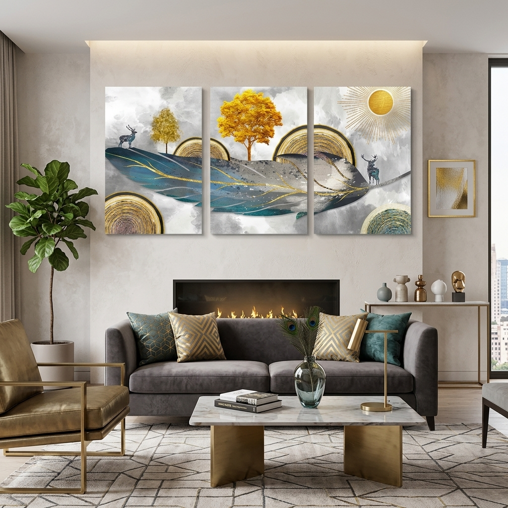 Multi Panel Canvas Wall Art Print Stags on the feather