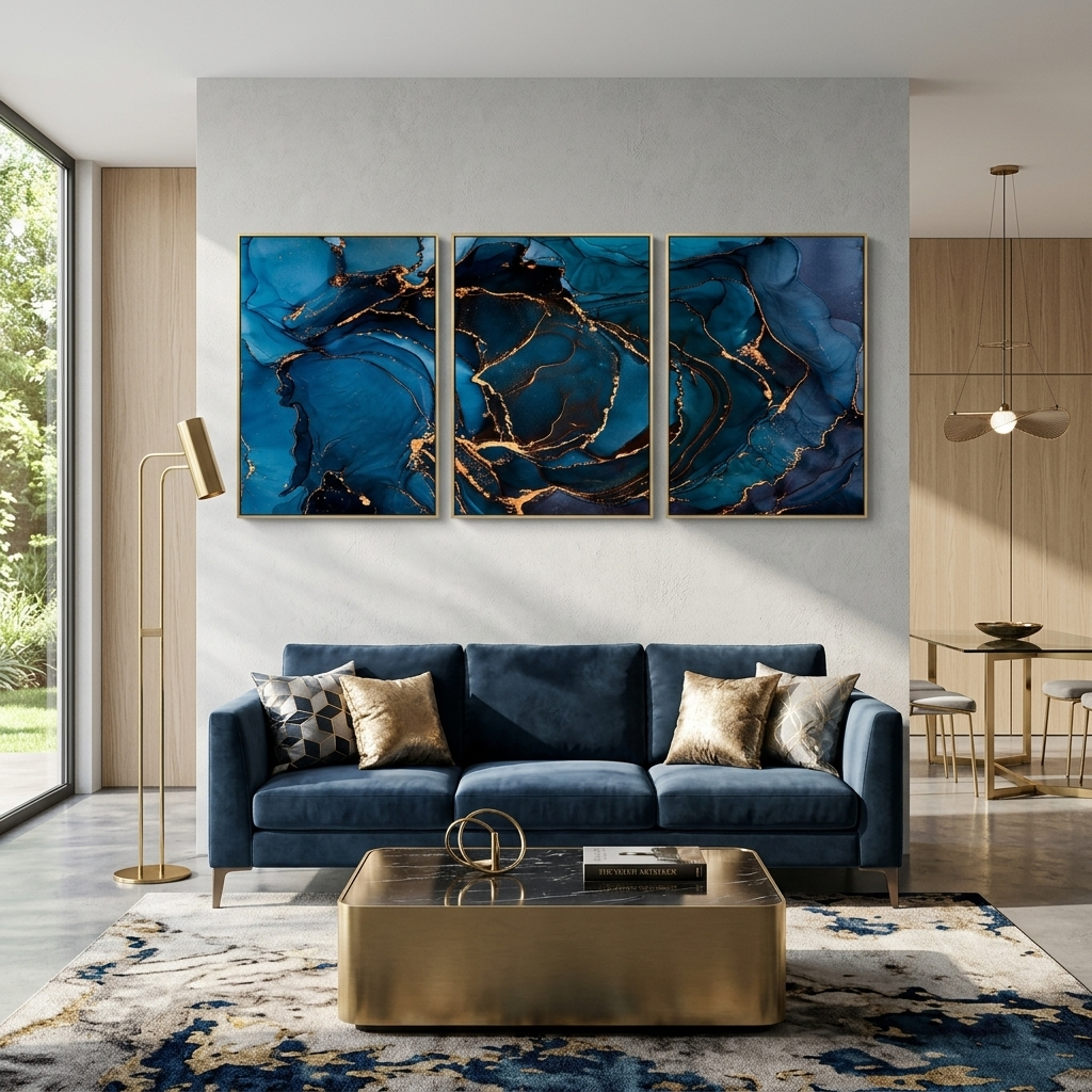 Modularer, abstrakter Kunstdruck auf blauer Leinwand mit goldenen Elementen, mehrere Teile