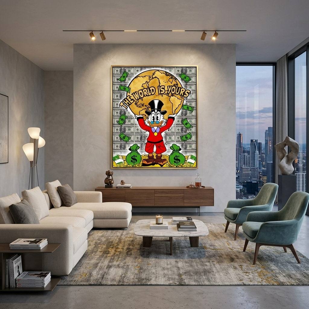 Dagobert hält den Planeten hoch und steht auf Goldmünzen mit der Aufschrift „DIE WELT GEHÖRT DIR.“ Inspirierender Kunstdruck auf Leinwand