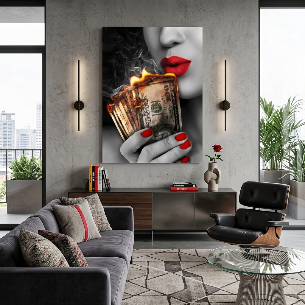 Die Frau mit den brennenden Dollars in der Hand Inspirierender Kunstdruck auf Leinwand