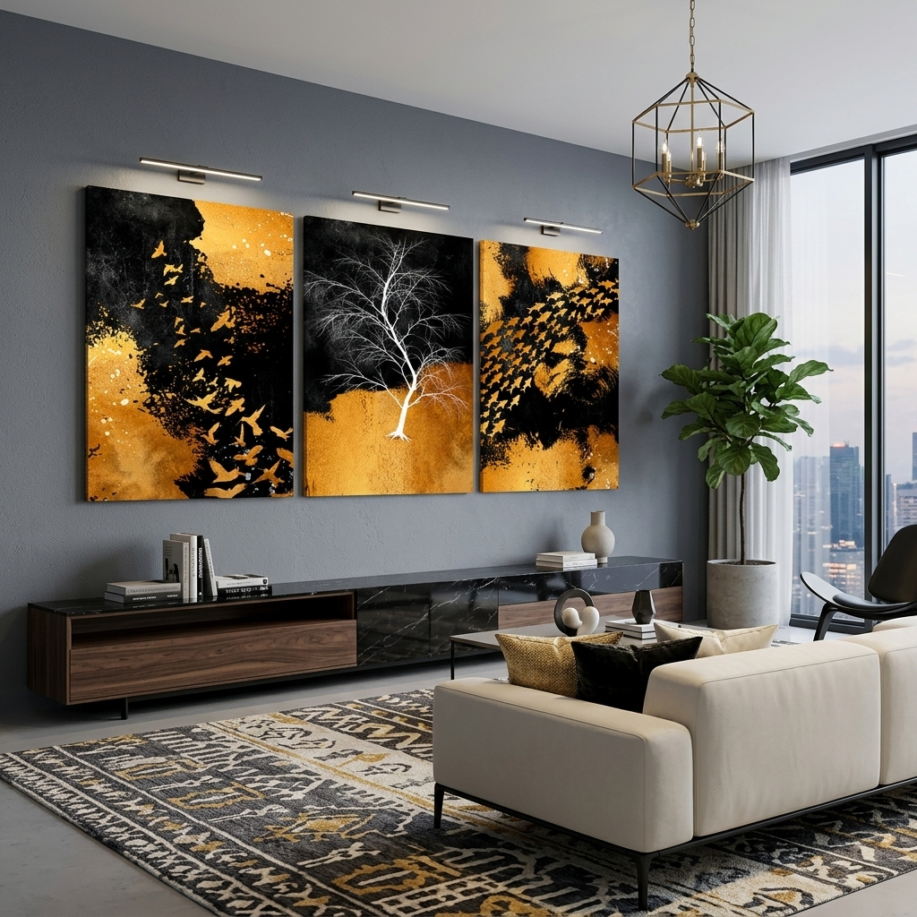 Modulare Abstraktion in den Farben Schwarz, Gold und Weiß. Mehrteiliger Kunstdruck auf Leinwand.
