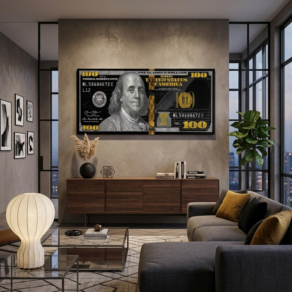 100 Dollar Schwarz, Grau und Gold Inspirierender Leinwand-Kunstdruck
