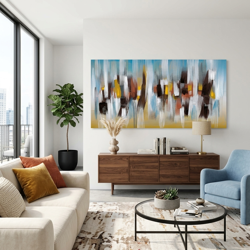 Weiße vertikale Linien auf einem gelb-blauen Hintergrund Abstraktion Leinwand Wand Kunstdruck