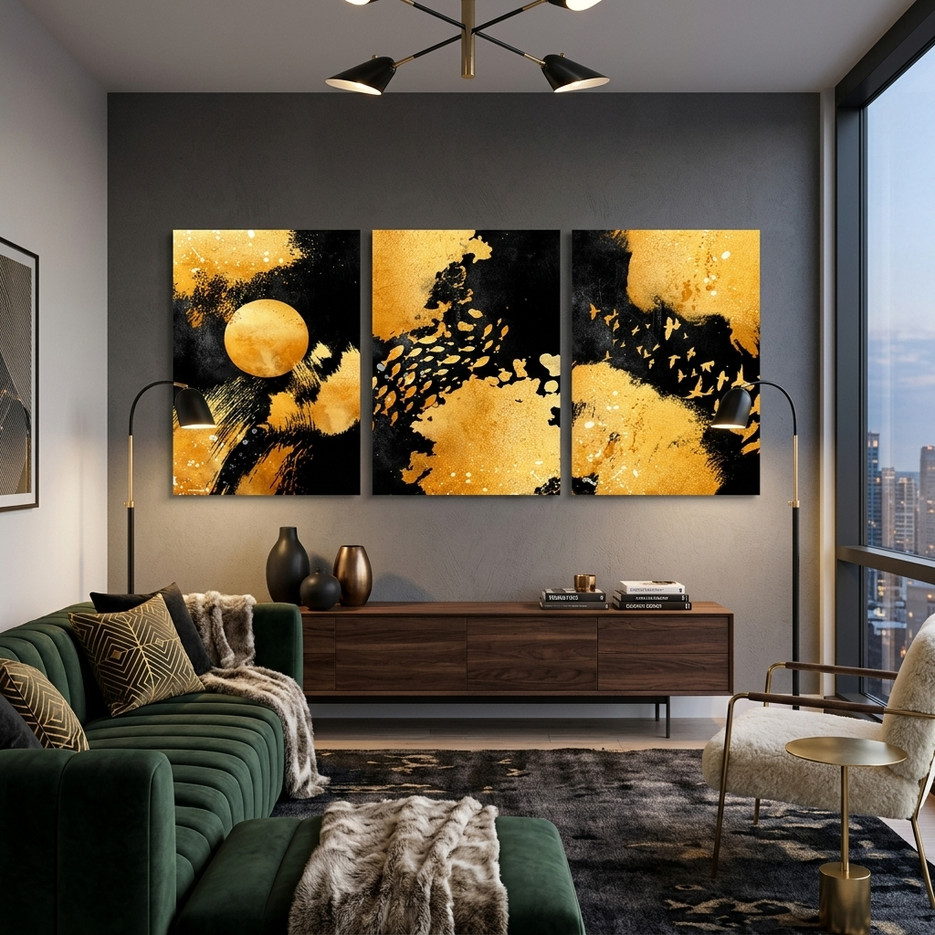 Modularer abstrakter Kunstdruck auf mehrteiliger Leinwand in Schwarz- und Goldfarben