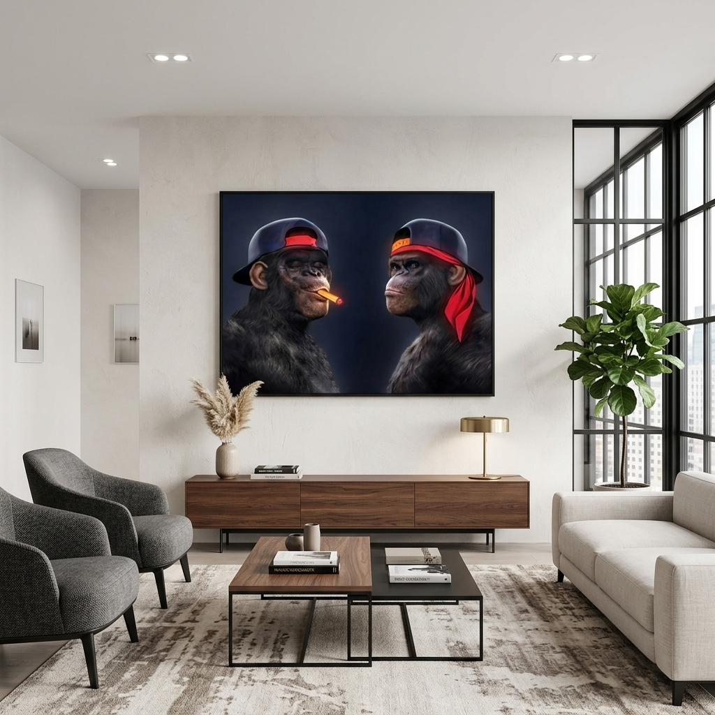 Leinwandbild „Zwei schwarze Gorillas mit Mützen und einer Zigarre“