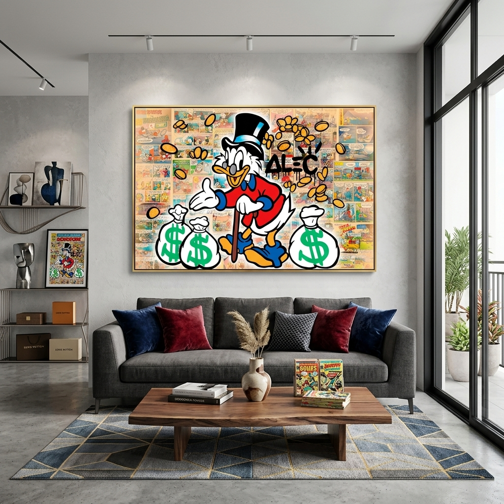 Dagobert Duck mit drei weißen Säcken voll Gold auf einem Comic-Hintergrund. Inspirierender Kunstdruck auf Leinwand.