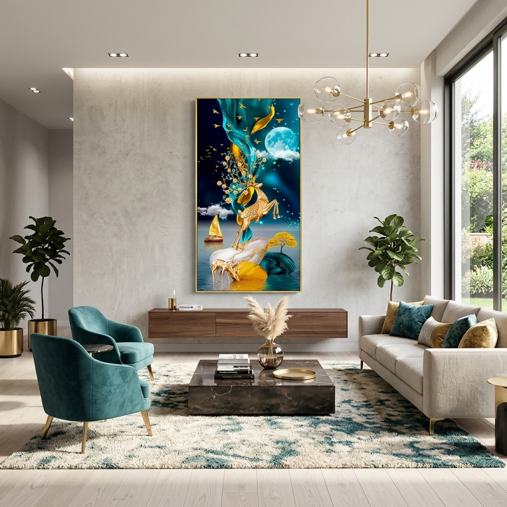 Zwei Hirsche, ein goldenes Boot auf dem Meer und ein blauer Mond, abstrakter Kunstdruck auf Leinwand