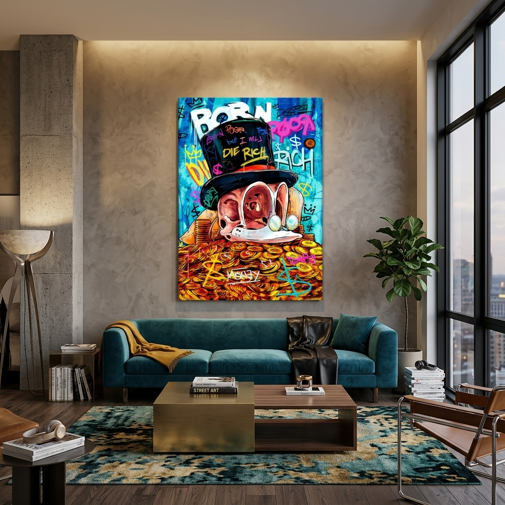 Dagoberts Totenkopf auf einem Haufen Goldmünzen. Inspirierender Kunstdruck auf Leinwand.