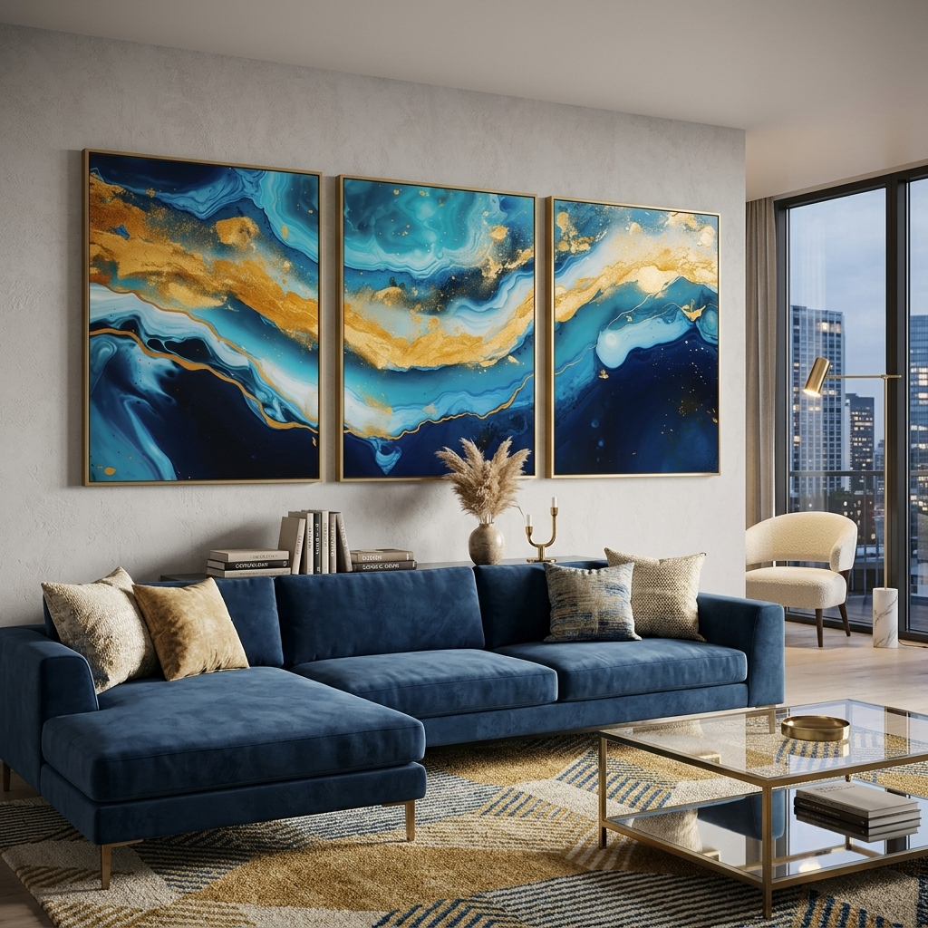 Mehrteiliger Kunstdruck auf Leinwand, Blauer Marmor mit Gold