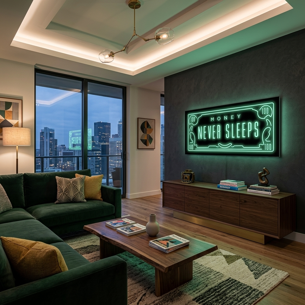 Inspirierender Kunstdruck auf Leinwand, Motiv: Dollar Money Never Sleeps