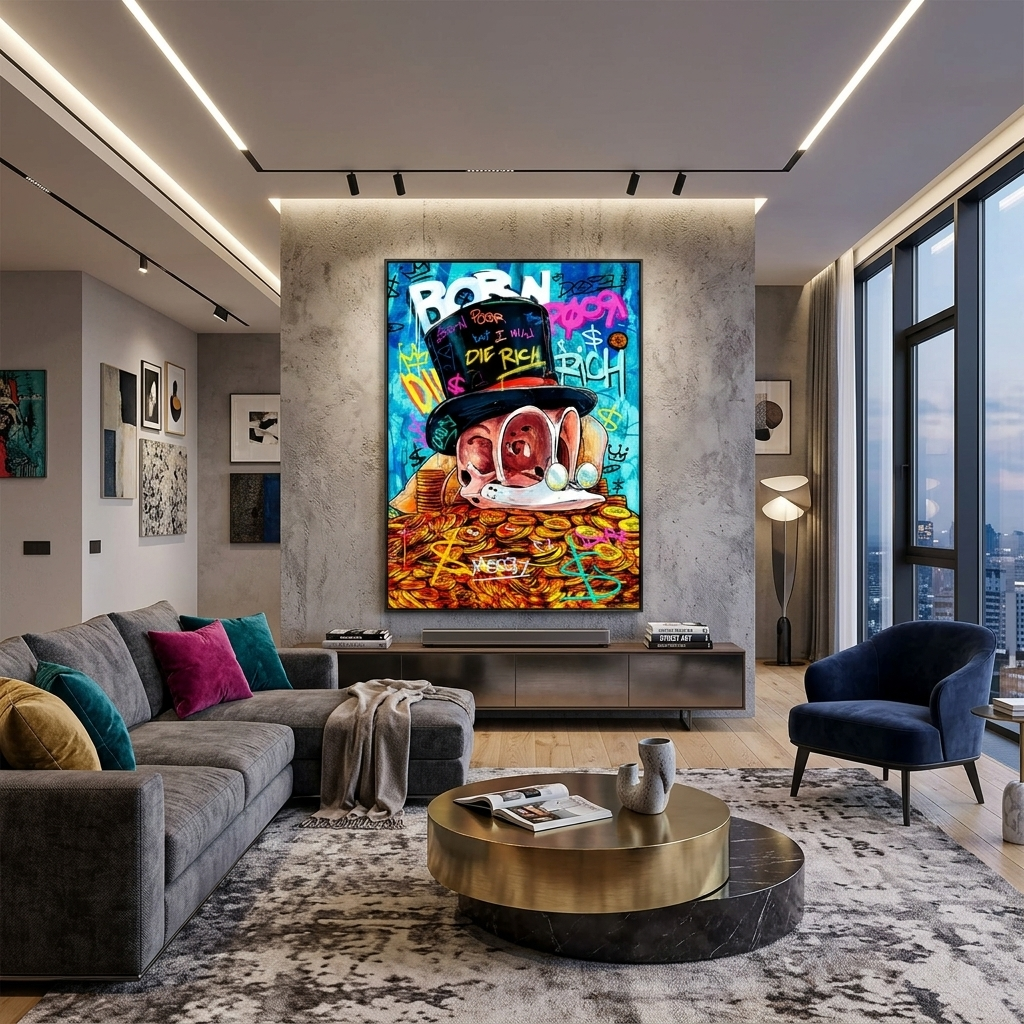 Dagoberts Totenkopf auf einem Haufen Goldmünzen. Inspirierender Kunstdruck auf Leinwand.