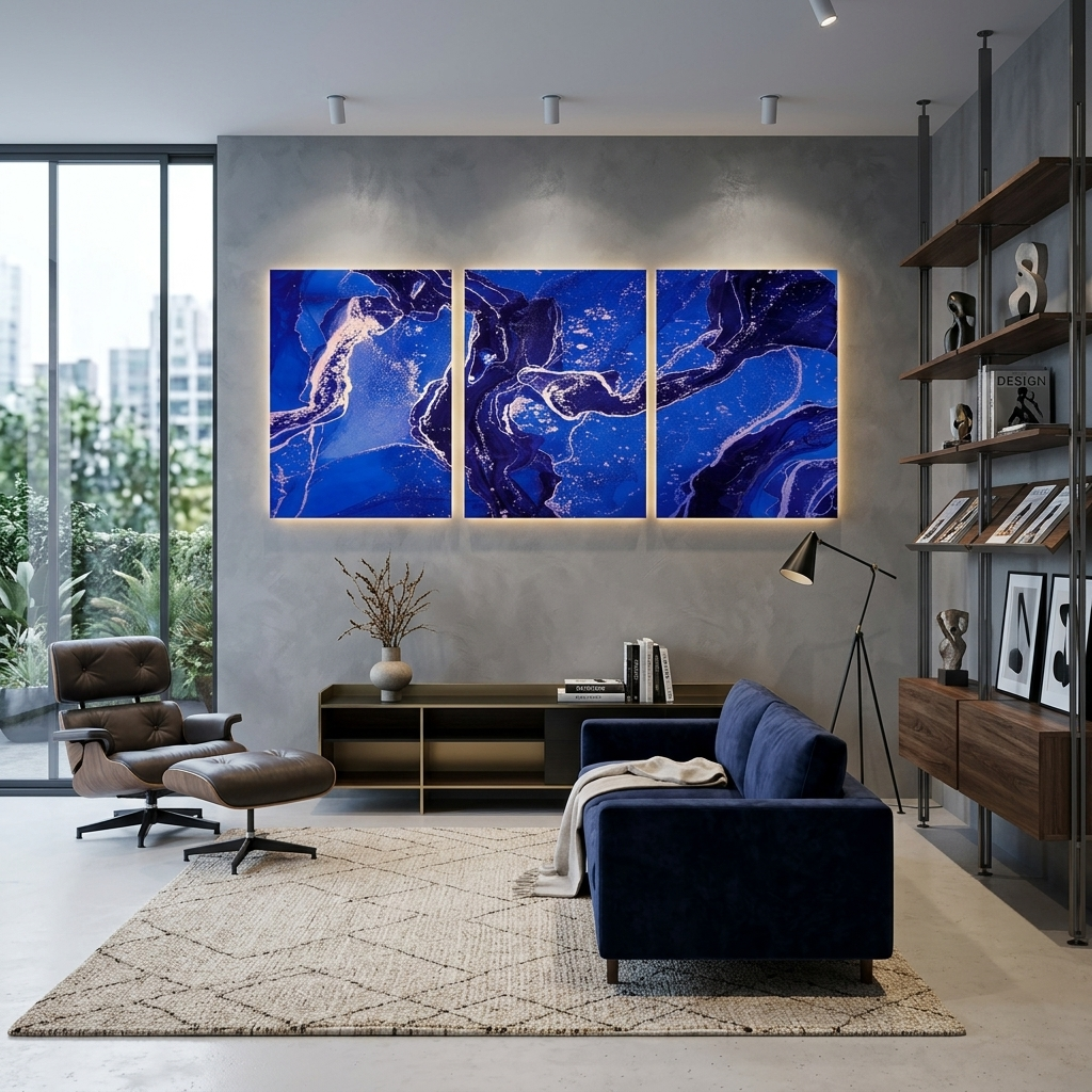 Modularer, abstrakter Kunstdruck auf Leinwand, mehrere Teile, Marineblau
