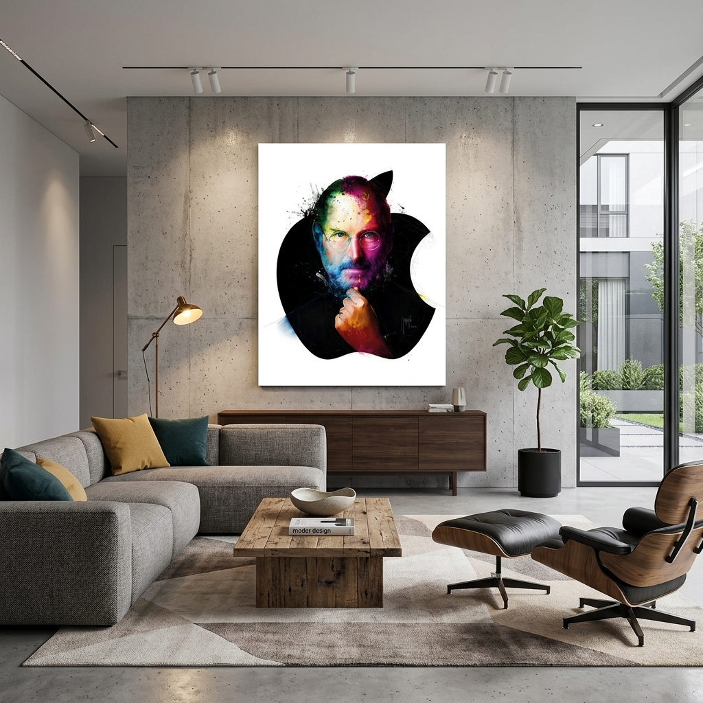 Kunstdruck auf Leinwand mit dem Apple-Logo von Steve Jobs auf weißem Hintergrund