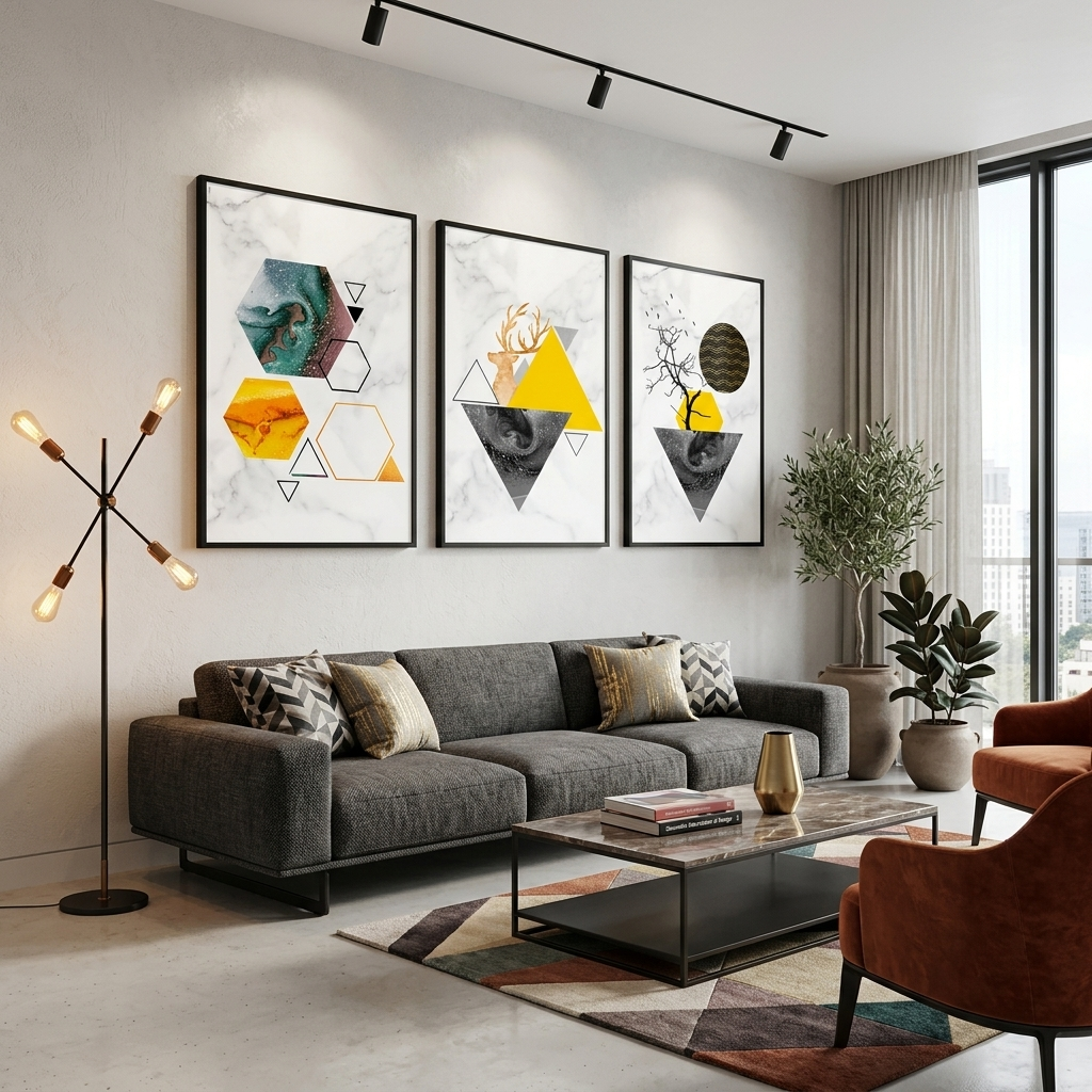 Modularer Kunstdruck auf Leinwand, geometrische Abstraktion, mehrere Teile, Gelb und Grau
