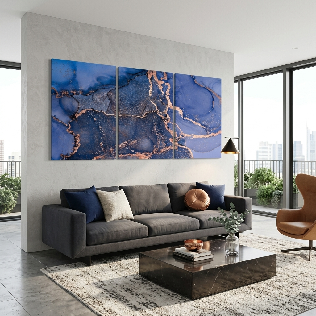 Modularer abstrakter mehrteiliger Kunstdruck auf Leinwand in Blau und Gold