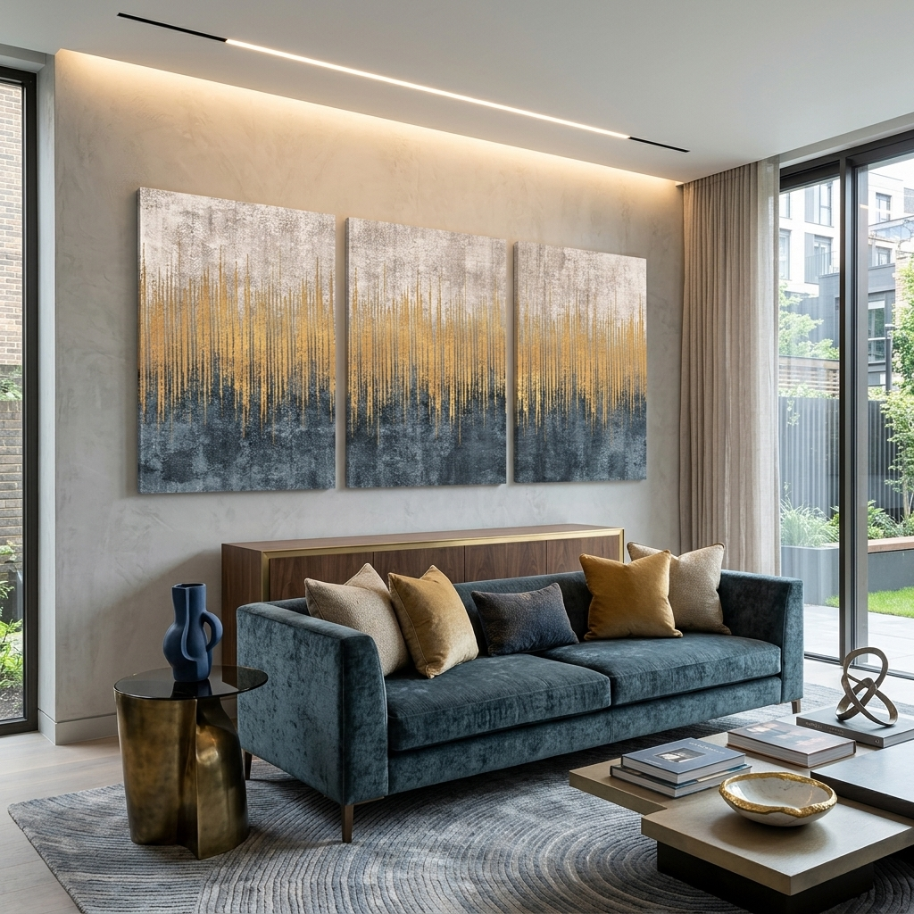 Modularer abstrakter Kunstdruck auf mehrteiliger Leinwand in Beige und Grau mit Gold