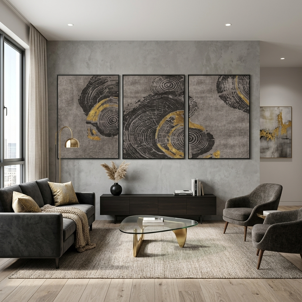 Modularer Kunstdruck auf Leinwand, abstraktes graues Holzmaserungsmuster, mehrteilig