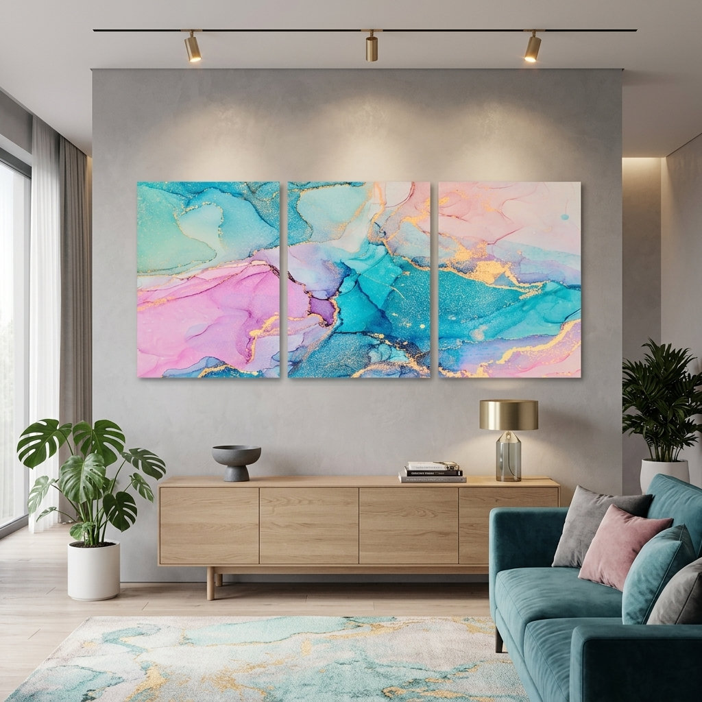 Modularer, abstrakter Kunstdruck auf Leinwand, mehrteilig, türkis-puderfarben