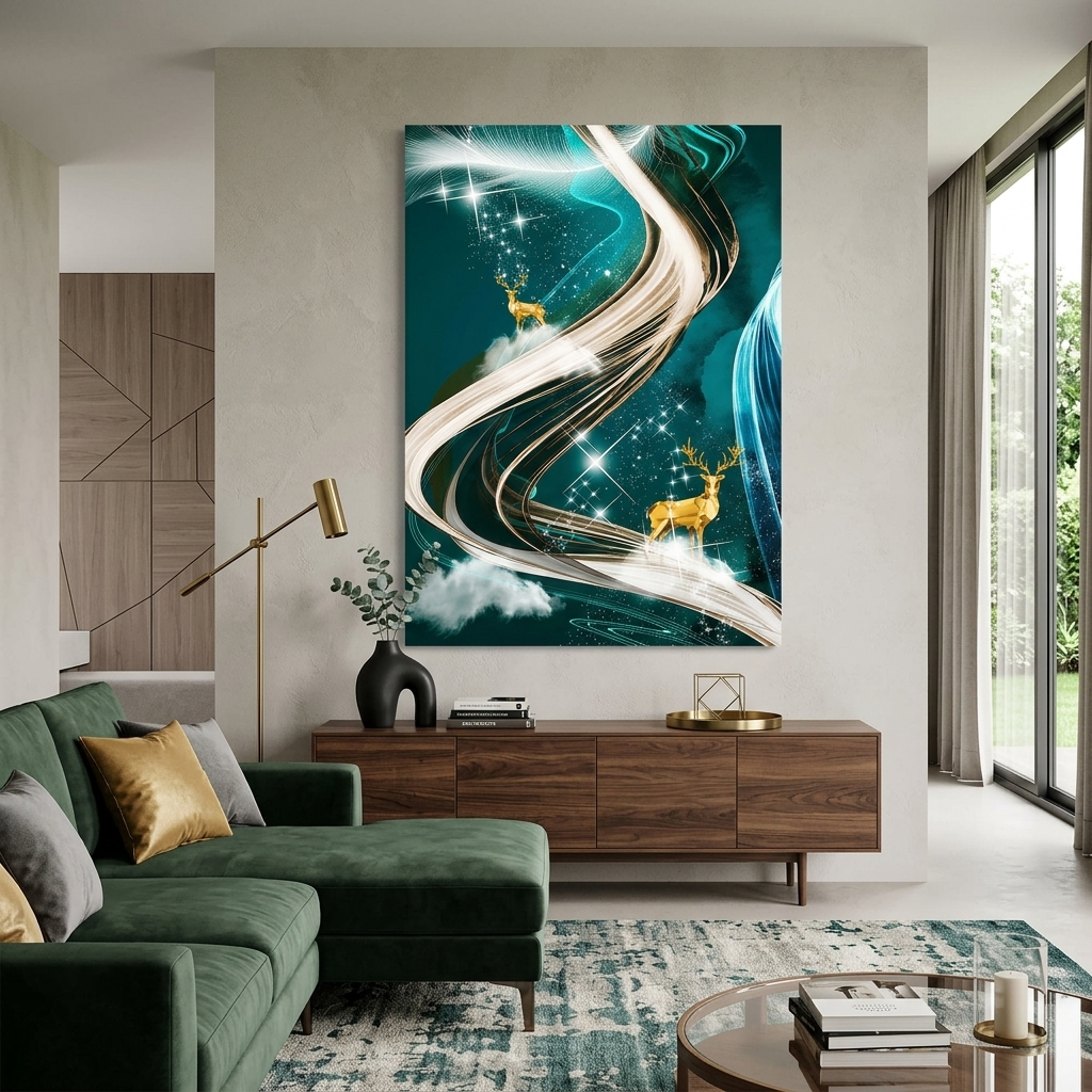 Zwei goldene Hirsche vor einem grünen Hintergrund Abstraktion Leinwand Wand Kunstdruck