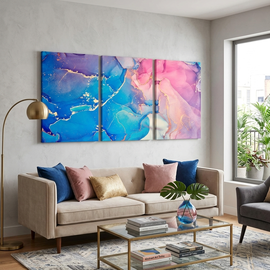 Modularer abstrakter Kunstdruck auf Leinwand, mehrteilig, Blau und Rosa
