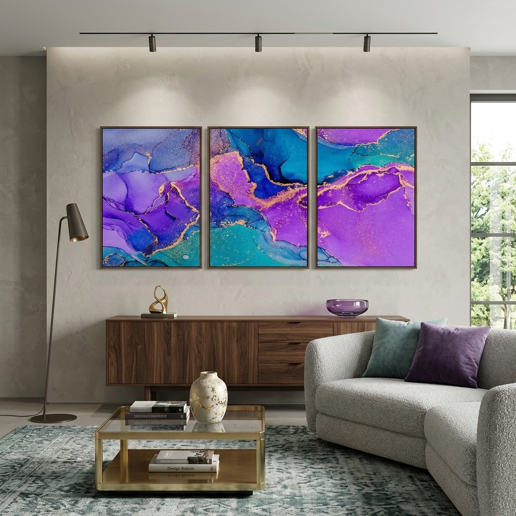 Modularer, abstrakter Kunstdruck auf Leinwand, mehrere Teile, Lavendelblau