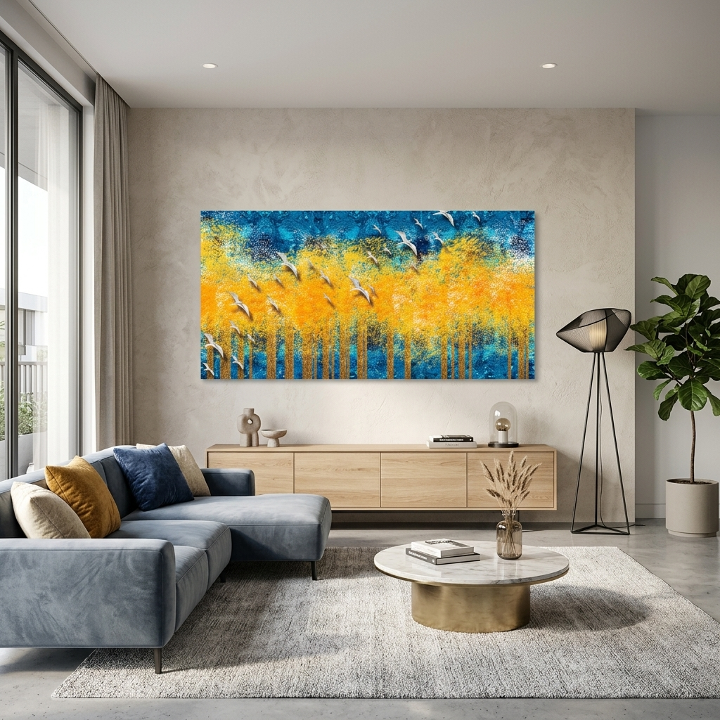 Kunstdruck auf Leinwand, gelb, Bäume auf blauem Hintergrund mit weißen Vögeln