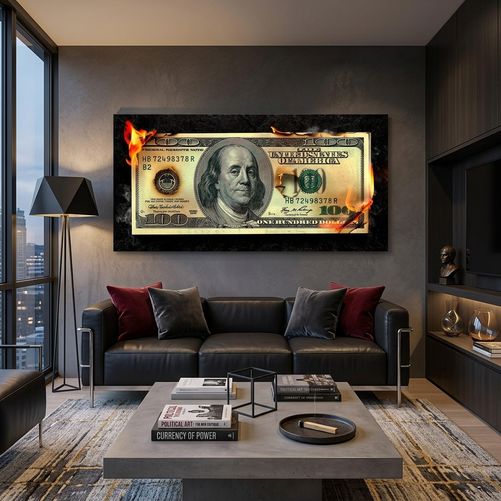 Brennendes Geld 100 Dollar inspirierender Kunstdruck auf Leinwand