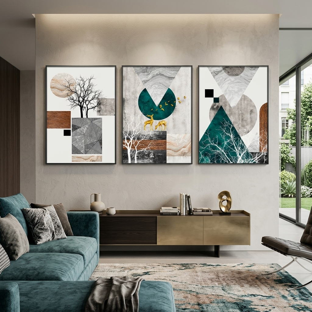 Modularer abstrakter geometrischer Formen mit Tieren und Bäumen, mehrteiliger Kunstdruck auf Leinwand