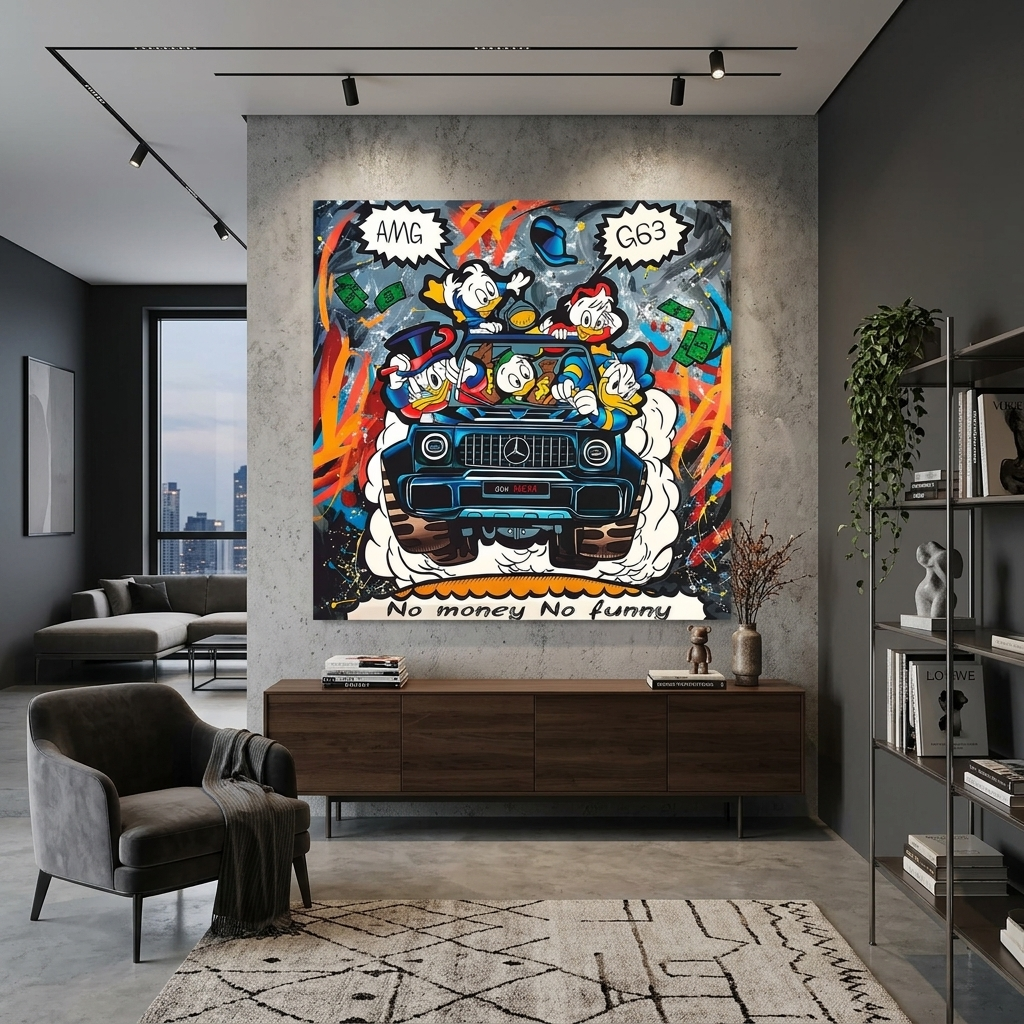 Inspirierender Kunstdruck auf Leinwand, Motiv „Scrooge on Mercedes“