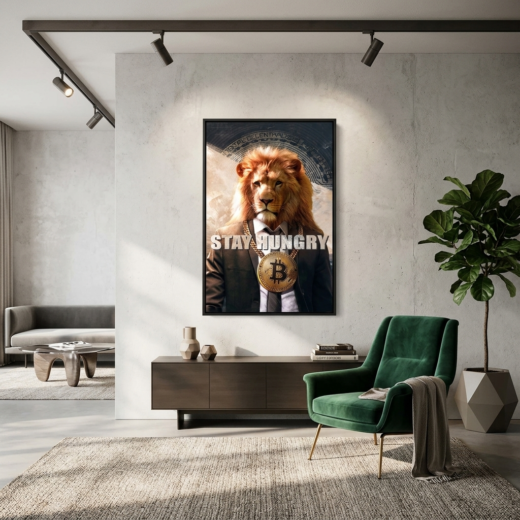 Bitcoin Lion Stay Hungry Motivierender Leinwand-Kunstdruck