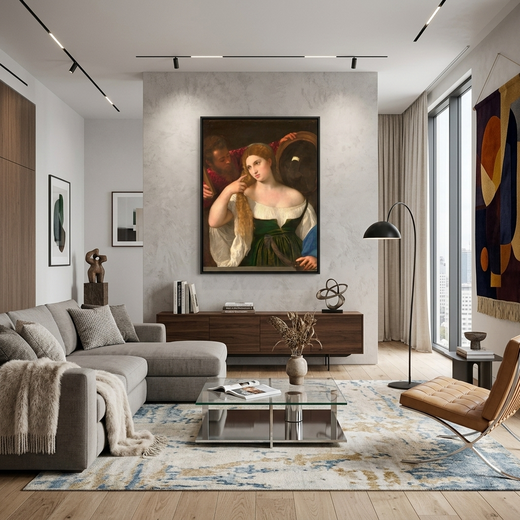 Reproduktion „Frau vor dem Spiegel“, Reproduktion von Tizian auf Leinwand, Kunstdruck