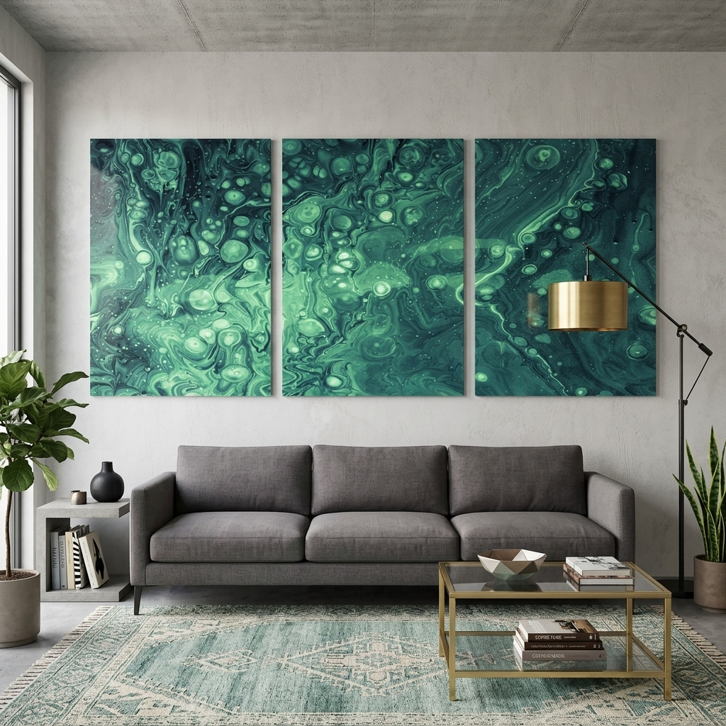 Mehrteiliger Kunstdruck auf Leinwand „Bubbles“ in türkisfarbener Acrylfarbe