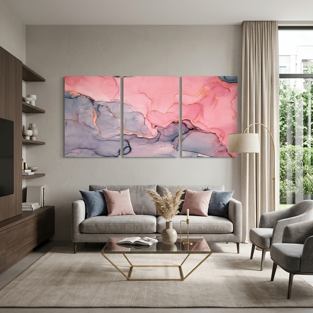 Modularer abstrakter Kunstdruck auf mehrteiliger Leinwand in Grau und Rosa