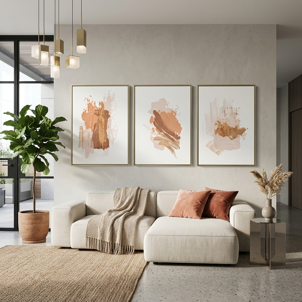 Modularer Kunstdruck auf Leinwand, mehrteilig, mit beigefarbenen Strichen