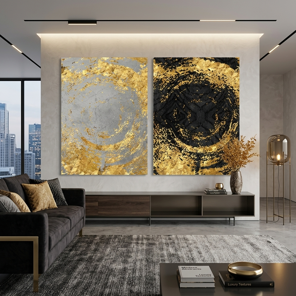 Modularer abstrakter Kunstdruck auf mehrteiliger Leinwand in Schwarz, Gold und Grau