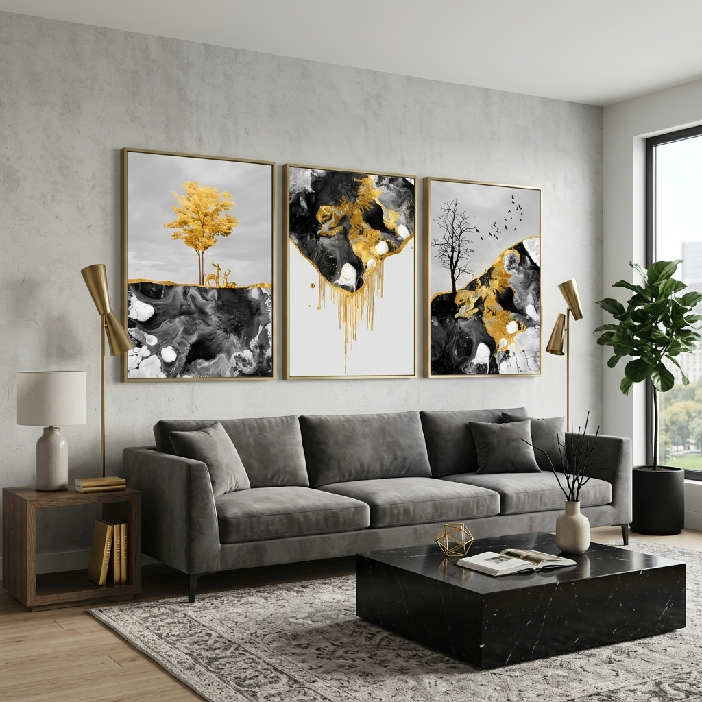 Modulares abstraktes Bild in dunklen Farbtönen mit goldener Farbe, mehrteiliger Kunstdruck auf Leinwand