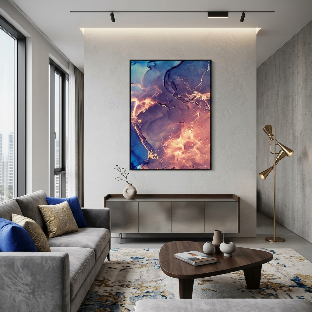 Violetter Puder mit blauen und goldenen Tönen Abstraktion Leinwand Wand Kunstdruck