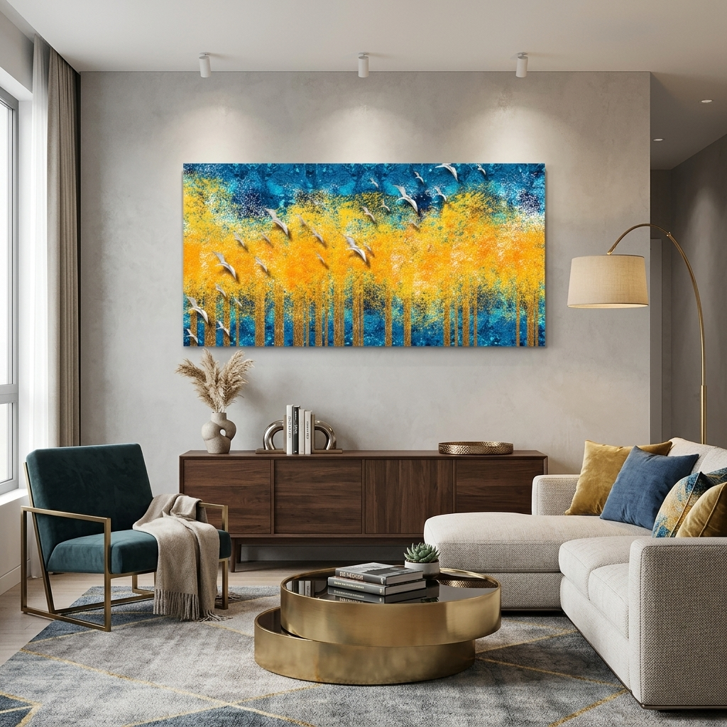 Kunstdruck auf Leinwand, gelb, Bäume auf blauem Hintergrund mit weißen Vögeln