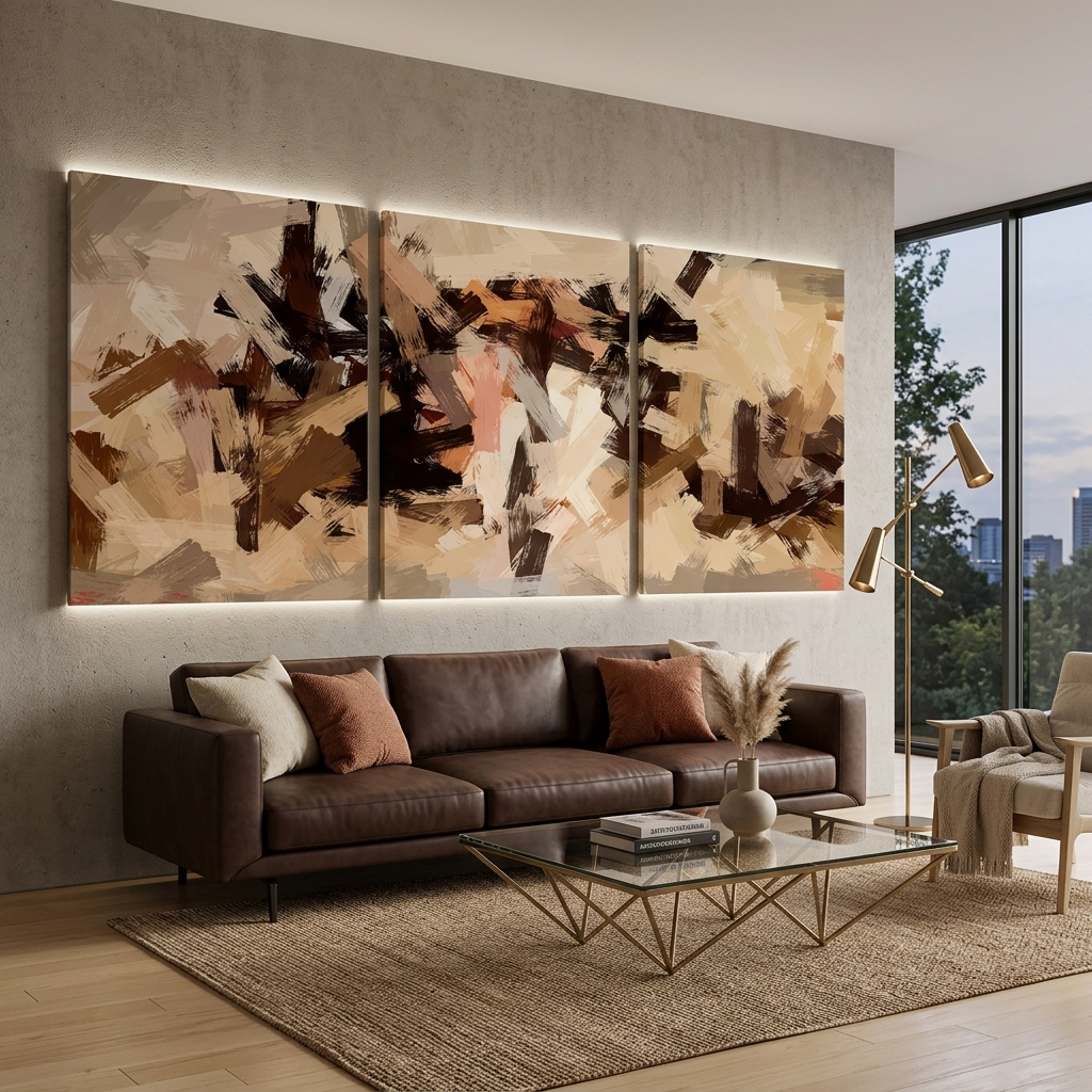 Modularer Kunstdruck auf Leinwand mit Pinselstrichen in Beige-Braun-Tönen, mehrere Teile