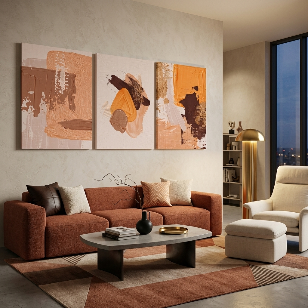 Modularer Kunstdruck auf Leinwand in mehreren Teilen in Beige-Gelbtönen